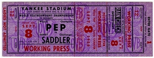 1950 Willie Pep Vs. Sandy Saddler Original Boxing Ticket From Yankee Stadium